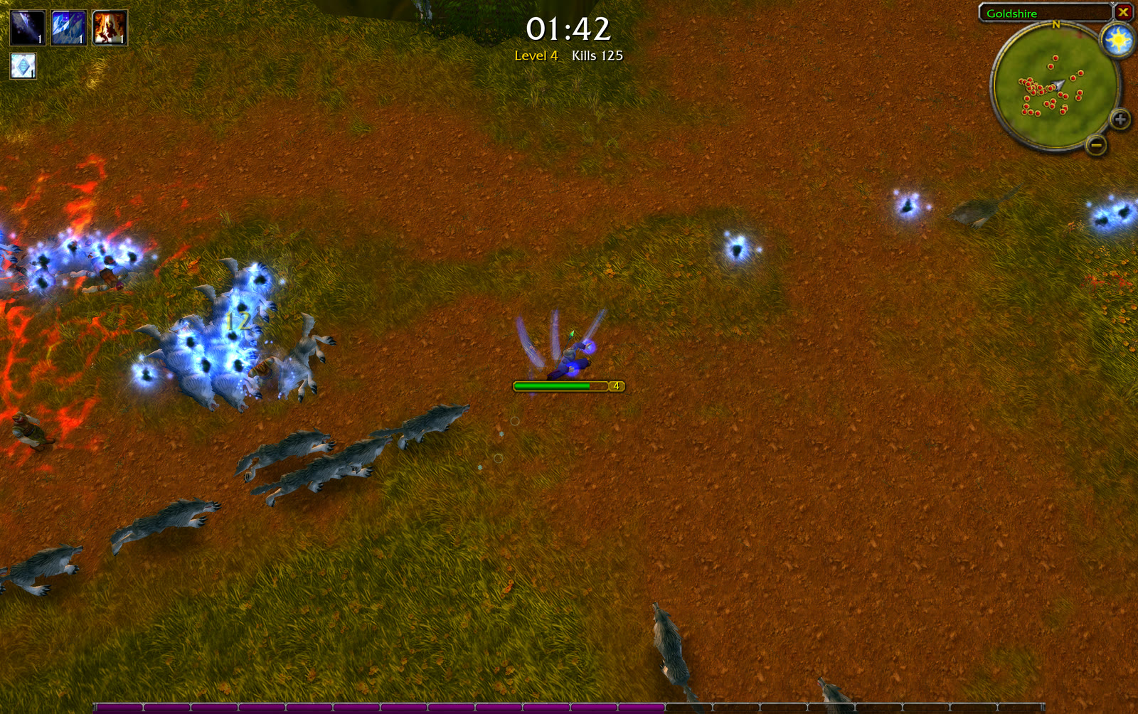 A Mage fights wolf packs with spell effects in an Azeroth Survivors community build