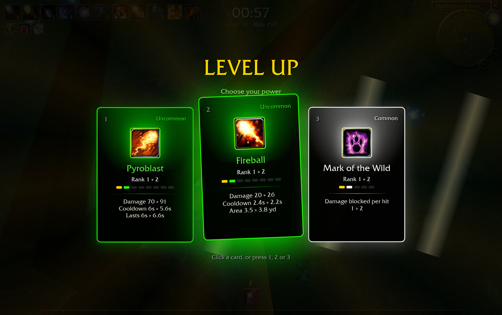 Three level-up spell cards offered during an Azeroth Survivors run