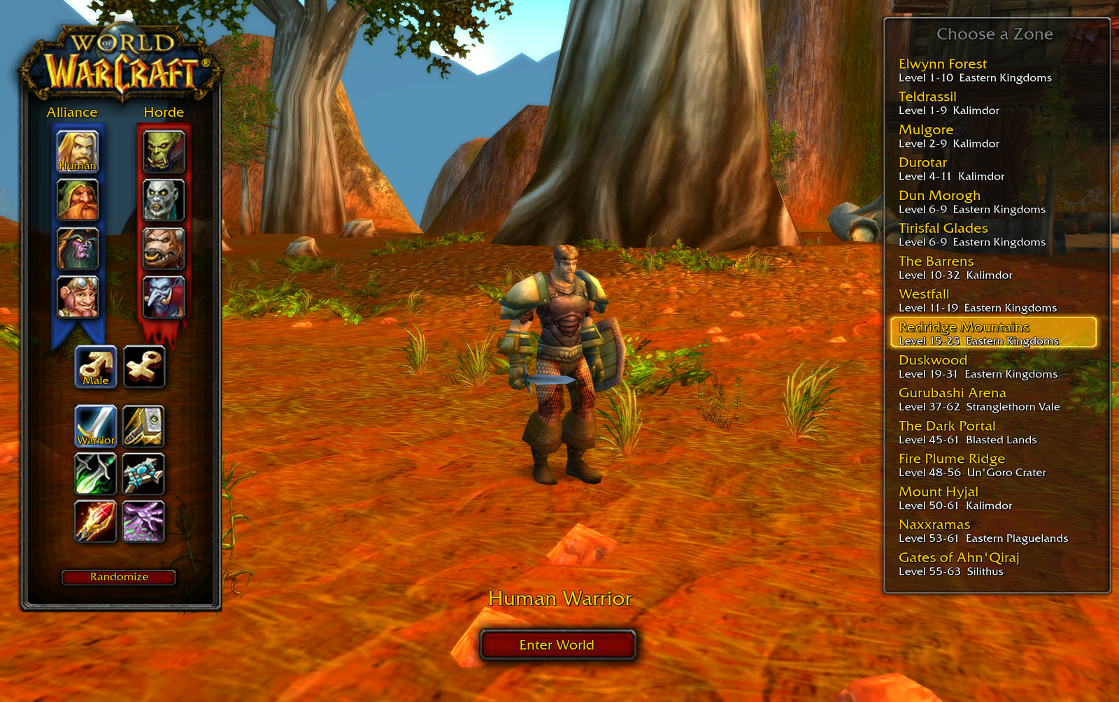 Azeroth Survivors character and zone selection screen, showing a human warrior