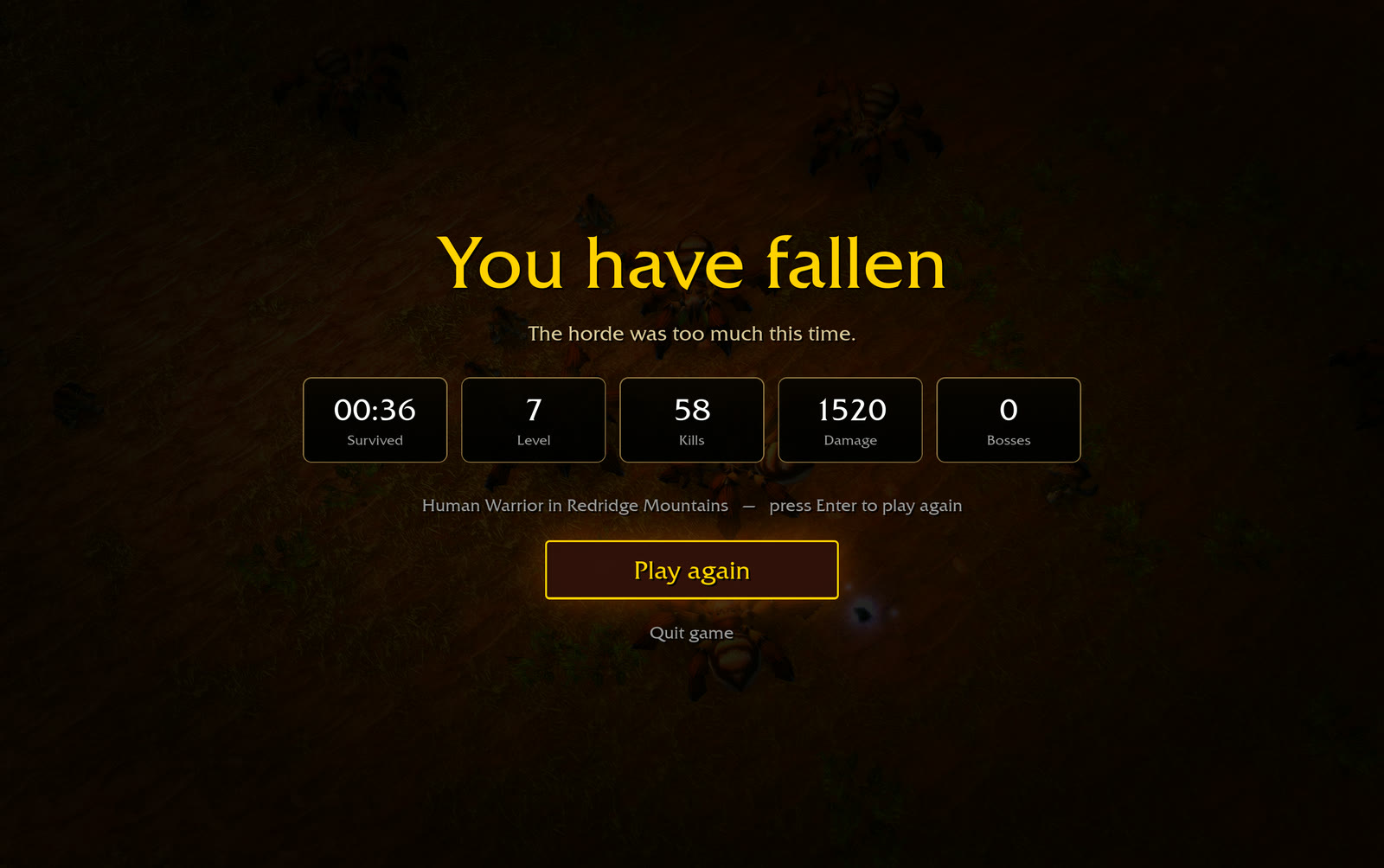 Azeroth Survivors community-build results screen showing survival time, level, kills, damage and bosses